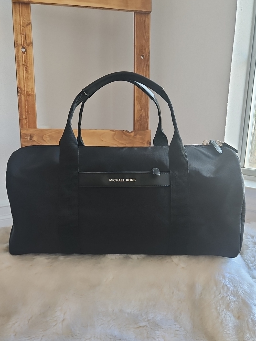 Michael Kors Black Nylon Duffel Bag with Logo Trim/ Gym Bag/ Travel Bag